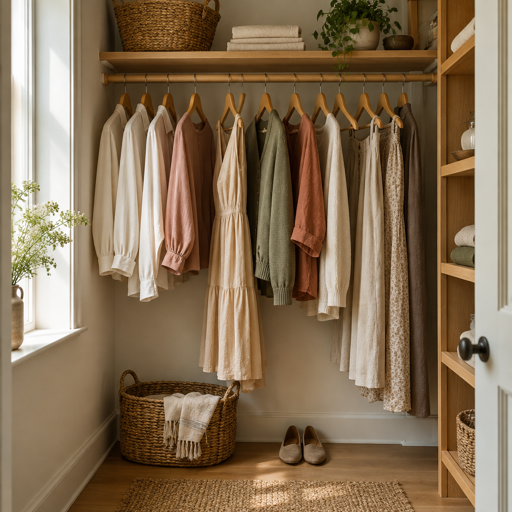 Clothing on hangers in a walk-in closet